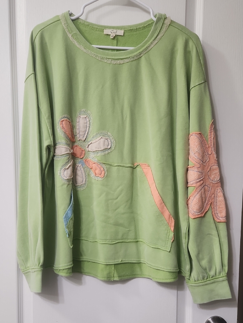 easel Green Sweatshirt with Pink & Cream Floral Appliqués